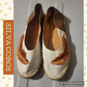 Silva Cobos Cream Espadrille Flats with Orange Feather Embroidery